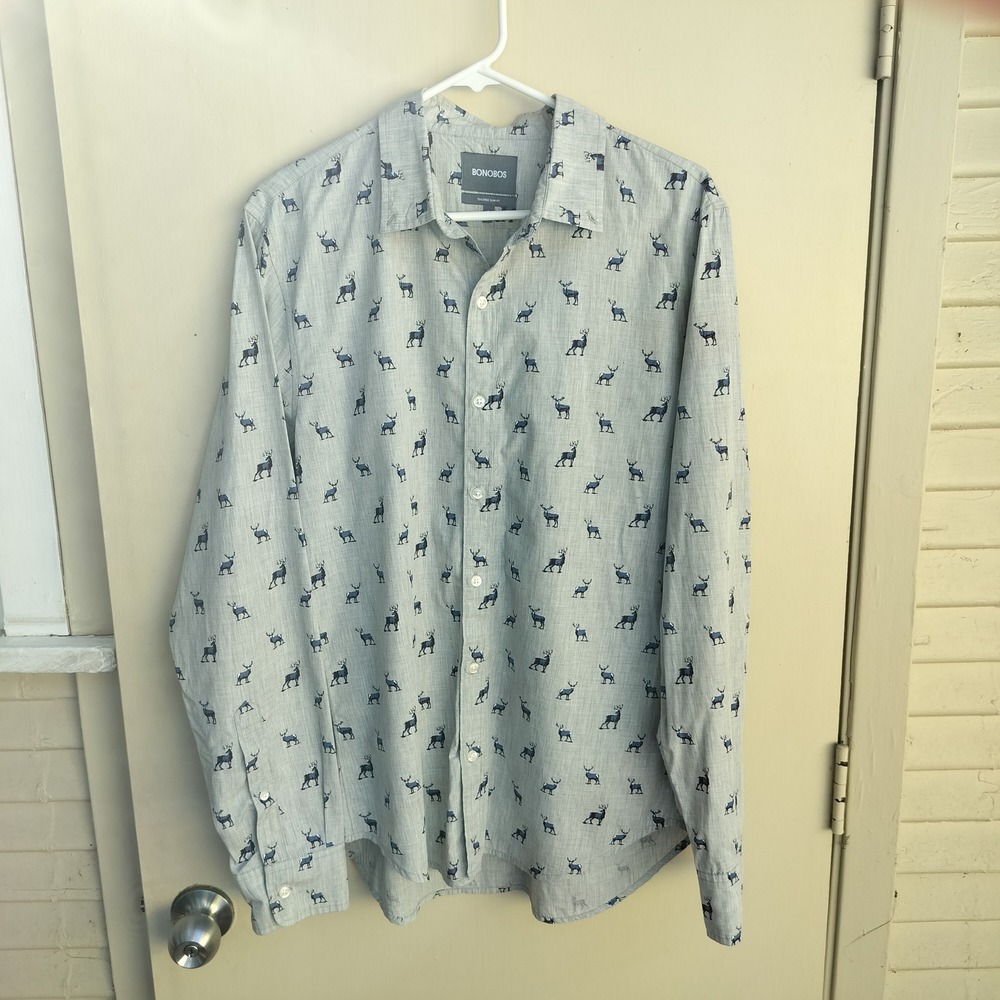 BONOBOS Slim Fit Men's Button Down Shirt Deer Print Gray Size Large